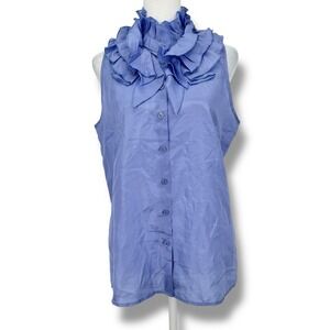 Kenar Women's 100% Silk Ruffle Collar Sleeveless Blouse L Blue Romantic Fairy